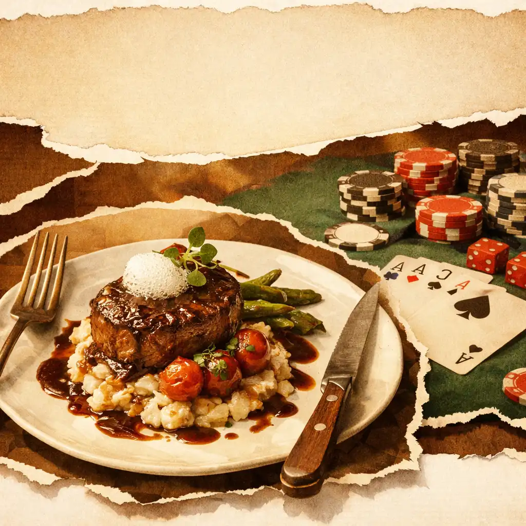 Koláž gurmánského pokrmu a pokerového stolu s kartami a žetony