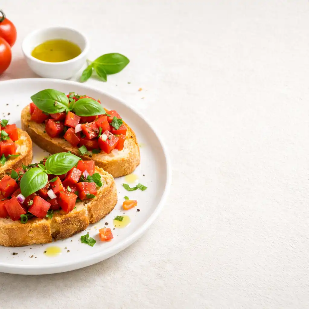 Předkrm bruschetta s rajčaty a bazalkou na bílém talíři