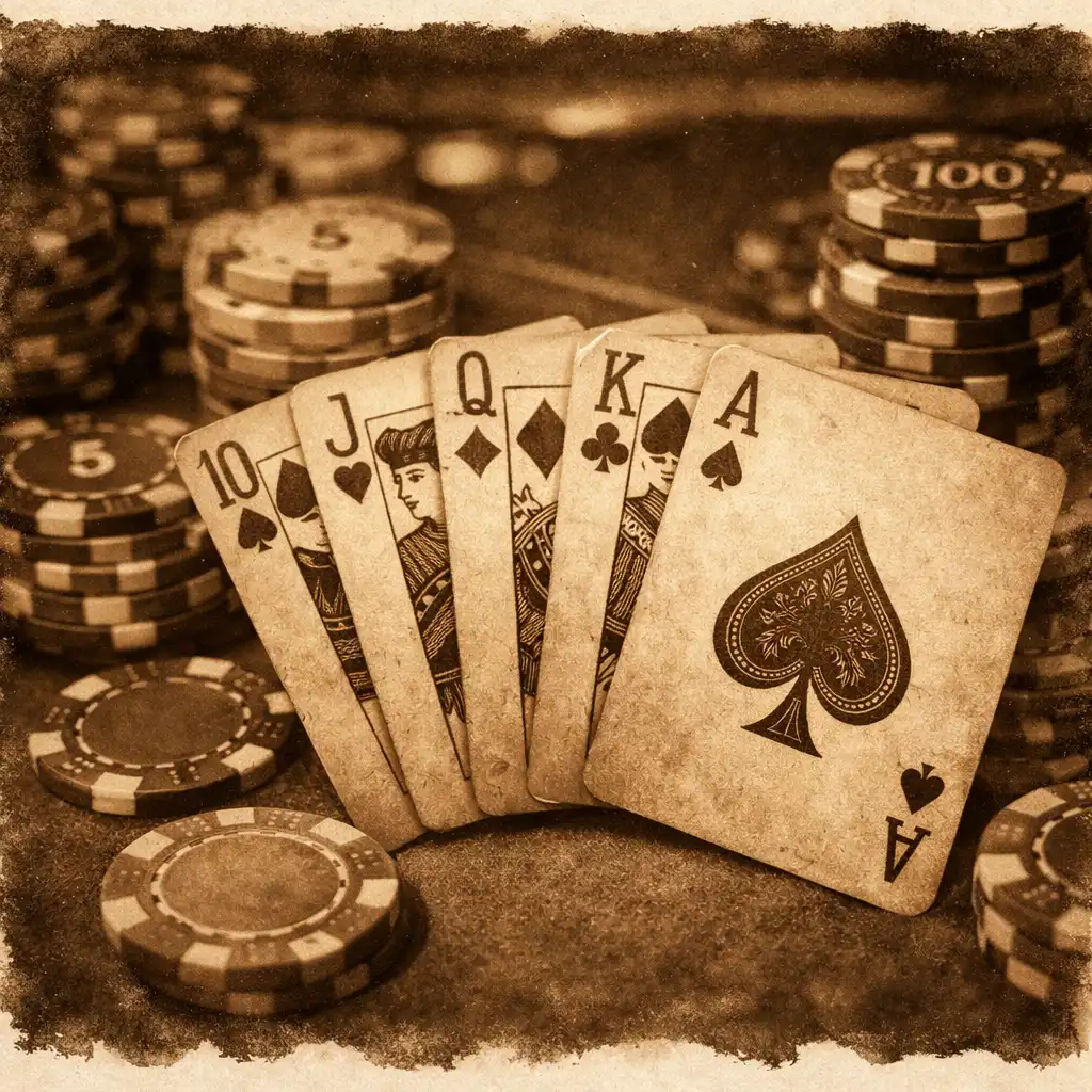 Pokerové karty rozložené vějířem a barevné žetony na stole