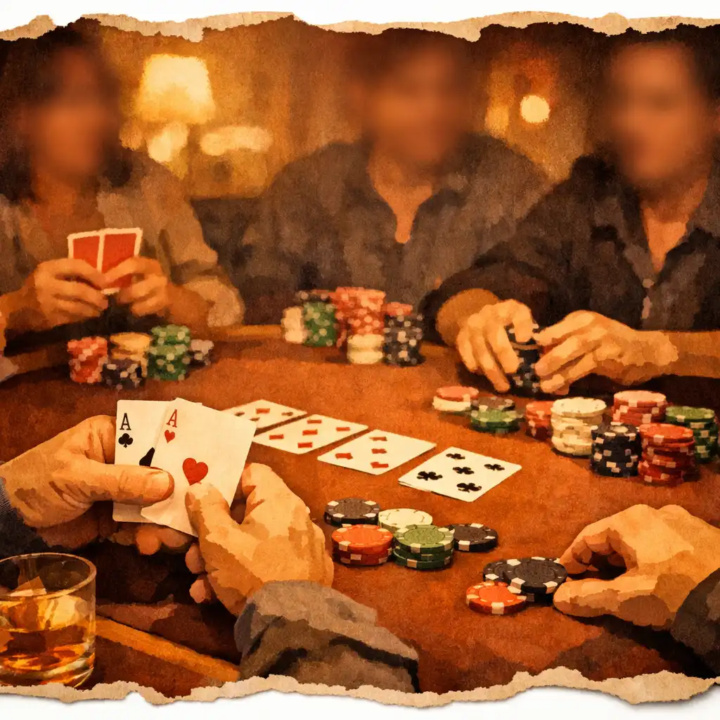 Skupina hráčů u pokerového stolu s kartami a žetony v teple osvětlené místnosti