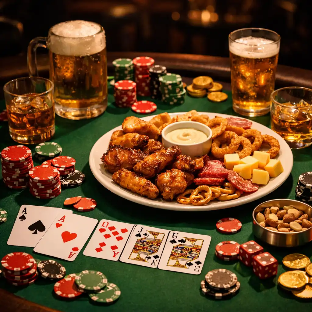 Pokerový stůl s kartami, žetony a talířem občerstvení