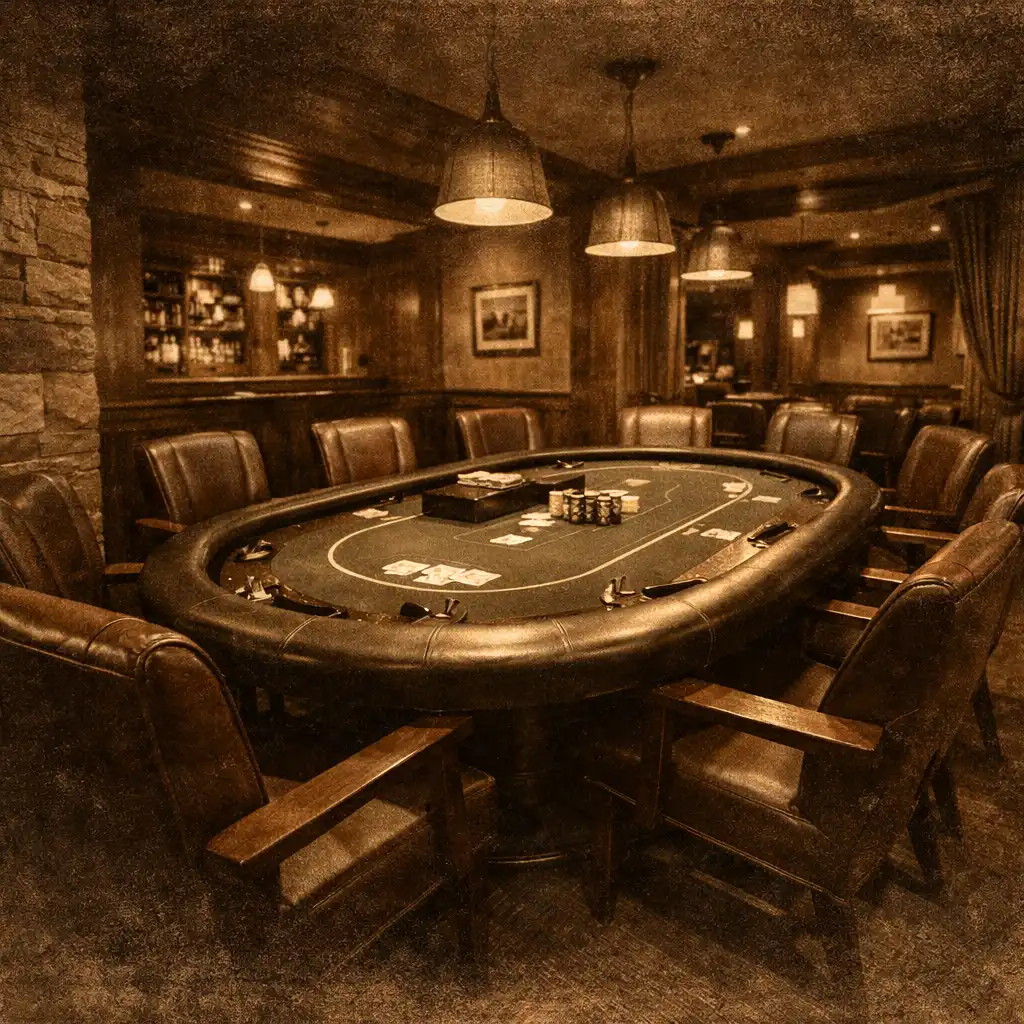 Interiér Poker Room s profesionálním pokerovým stolem, teplým ambientním osvětlením a dřevěnými prvky