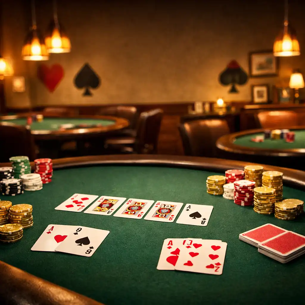 Profesionální pokerový stůl s kartami a žetony v útulné místnosti s teplým osvětlením