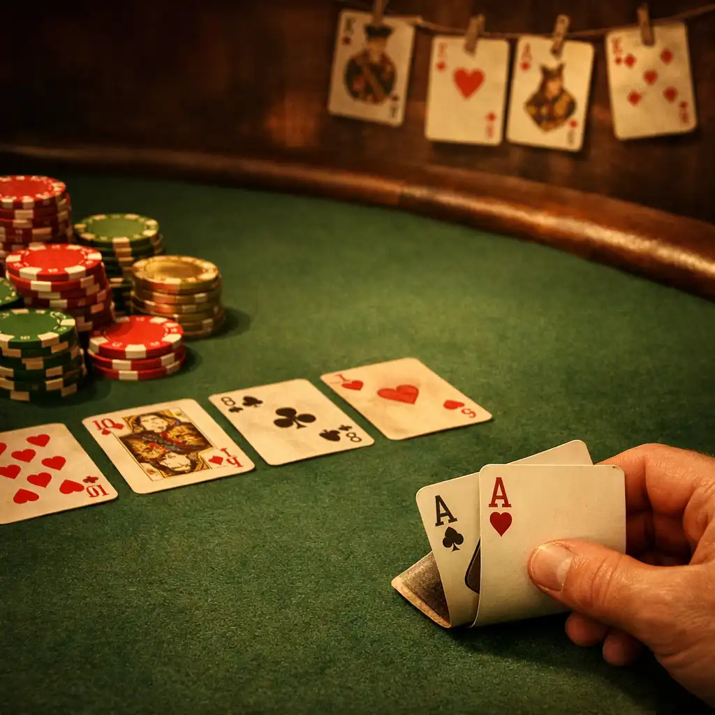 Pokerový stůl zblízka s kartami, žetony a rukou hráče