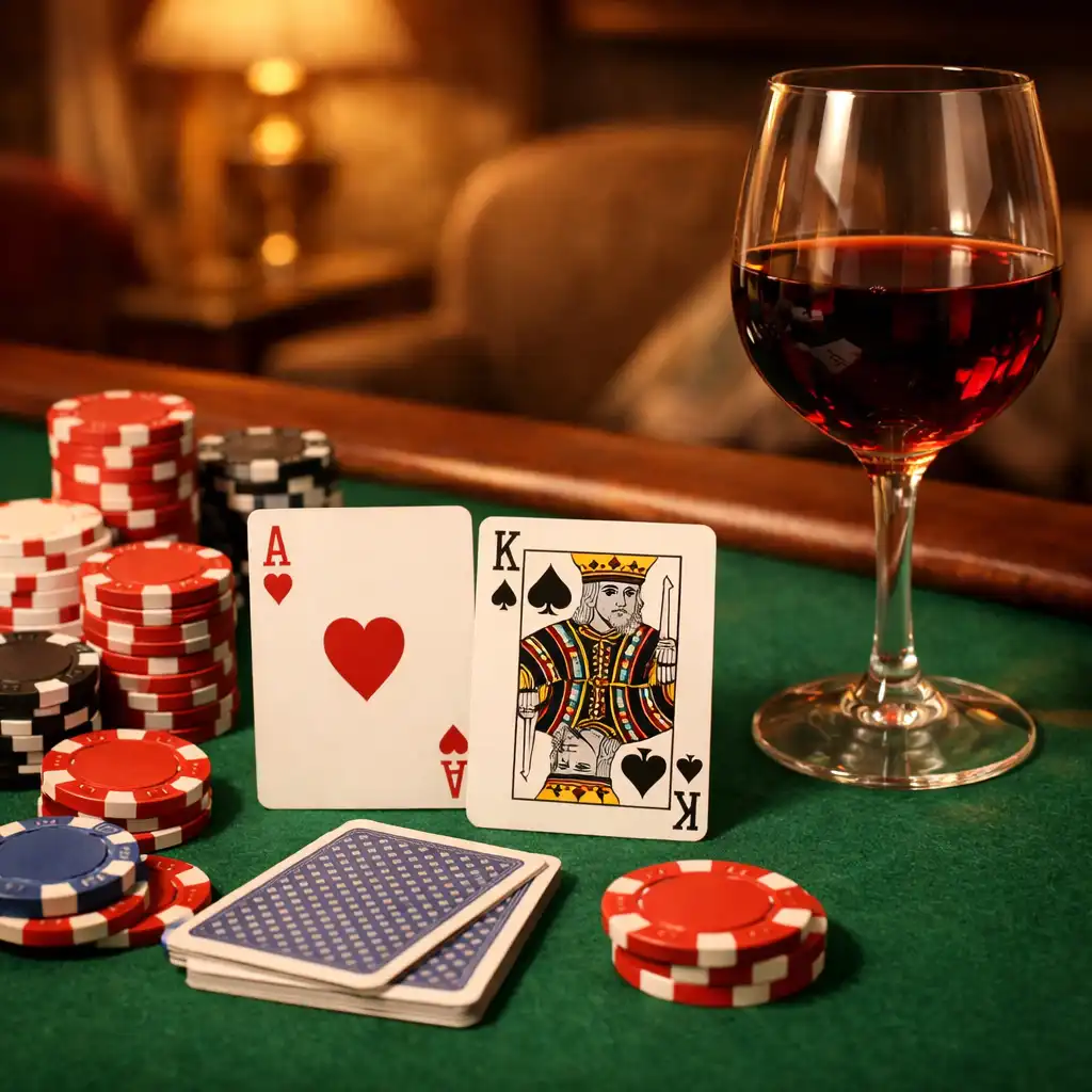 Pokerový stůl s kartami, žetony a sklenkou vína
