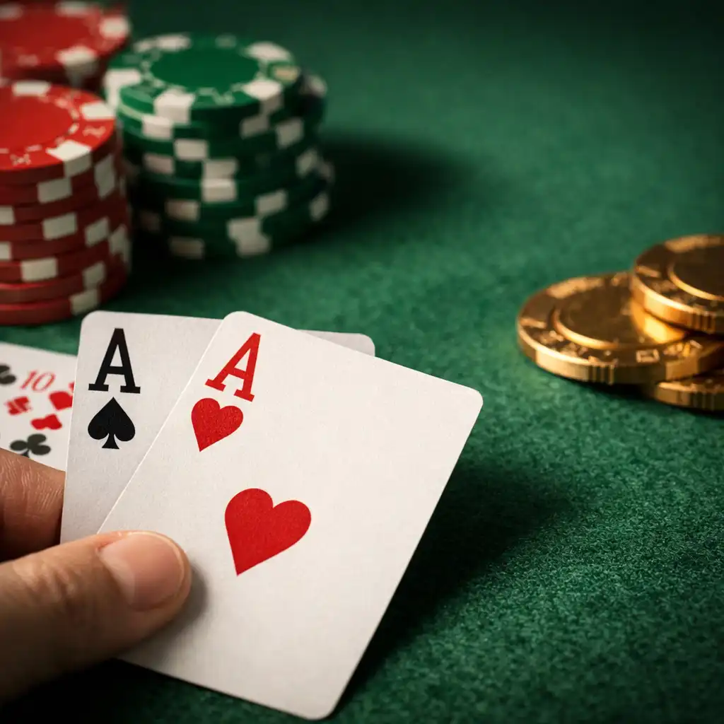 Detailní záběr na pokerový stůl s kartami a žetony