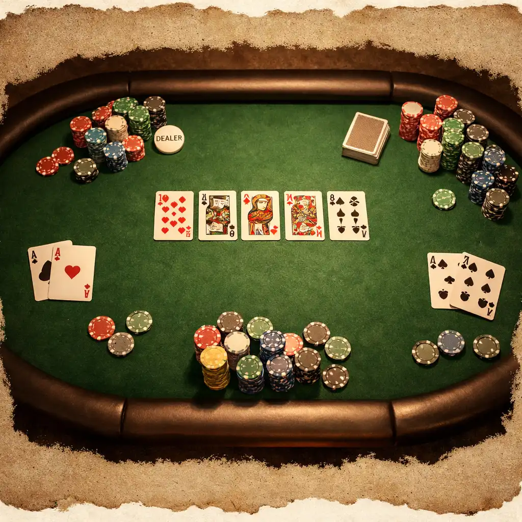 Profesionální pokerový stůl s kartami a žetony v teplém osvětlení