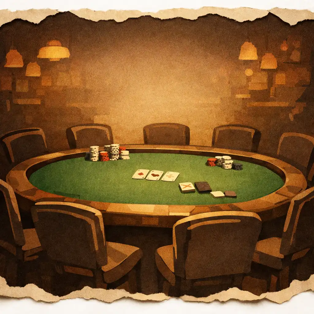 Profesionální pokerový stůl se zeleným plátnem a prázdnými židlemi v tlumeně osvětlené místnosti