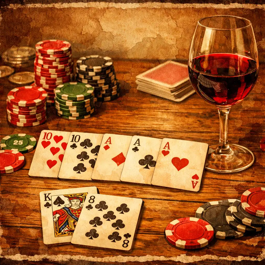 Pokerový stůl s rozloženými kartami, žetony a sklenkou vína v teplém osvětlení