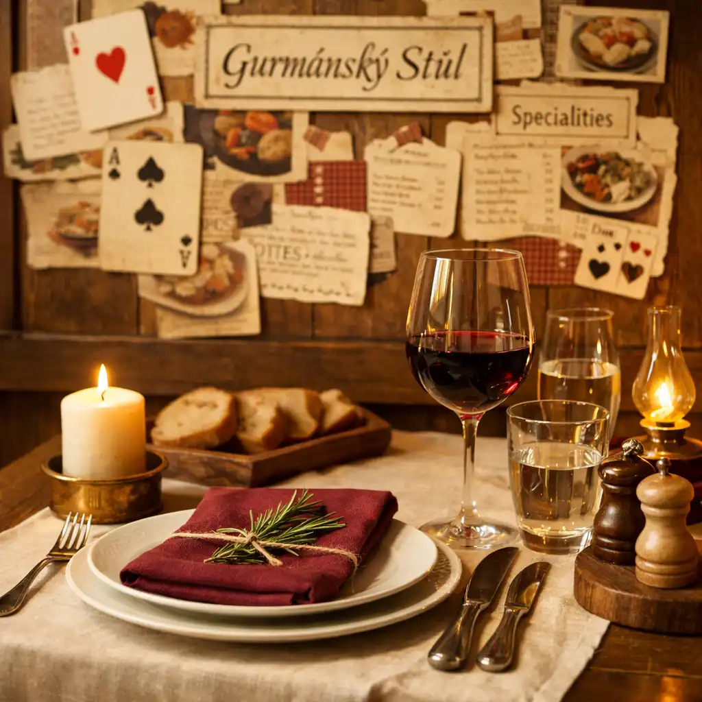 Detail interiéru restaurace Gurmánský Stůl s prostřeným stolem a papírovými dekoracemi