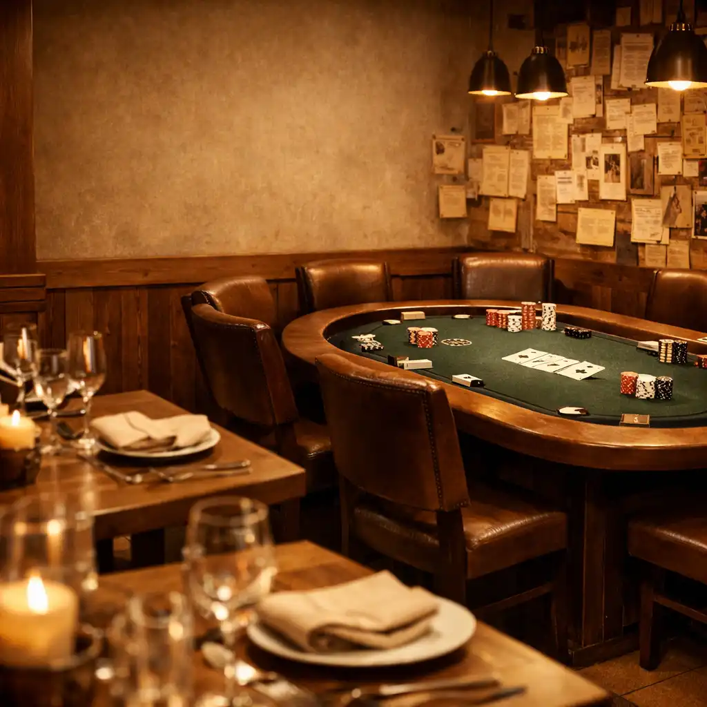 Interiér restaurace Gurmánský Stůl s pokerovým stolem, teplé osvětlení a papírové výstřižky na stěnách