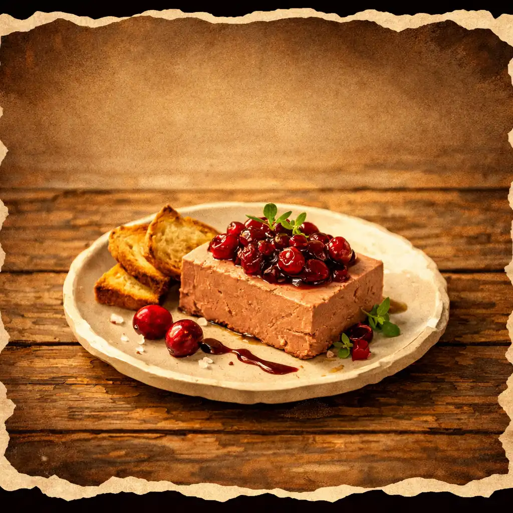 Předkrm z kachní paštiky s brusinkami na rustikálním stole