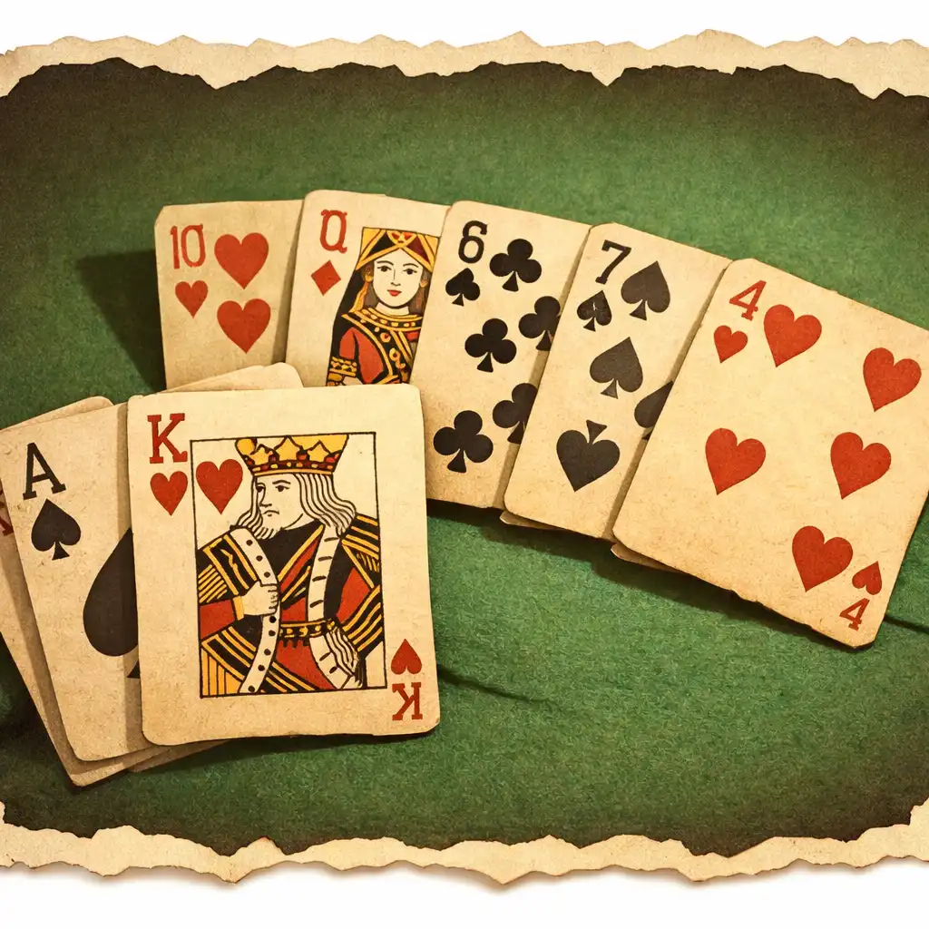Rozložené karty Texas Hold’em s dvěma hráčskými a pěti společnými kartami na zeleném stole