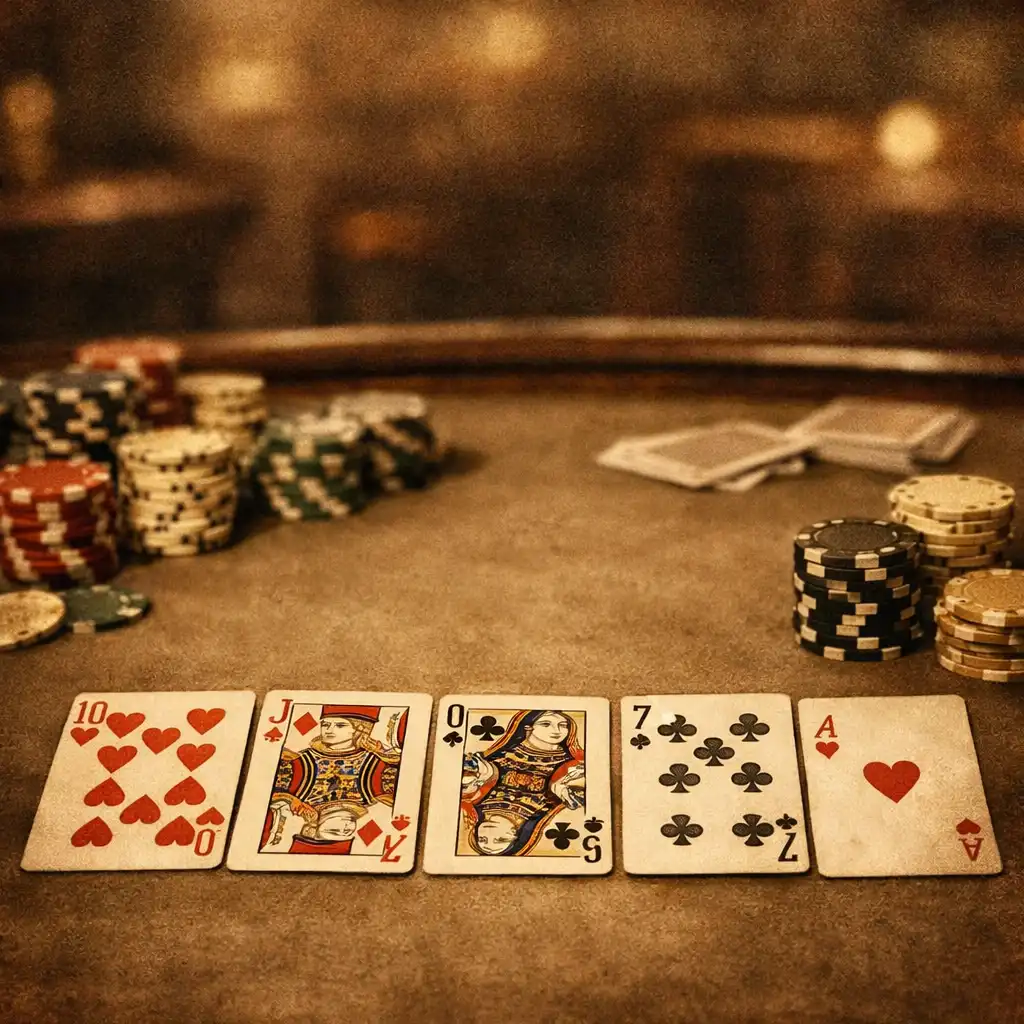 Pokerový stůl s rozdanými kartami a hromádkami žetonů v teplém osvětlení restaurace